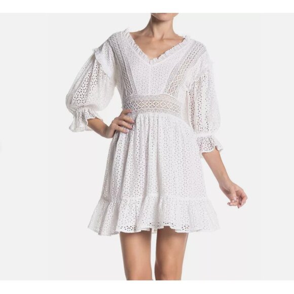 Love Sam Vivienne Eyelet Lace Mini Dress White Bohemian Cottagecore Medium - Picture 1 of 16